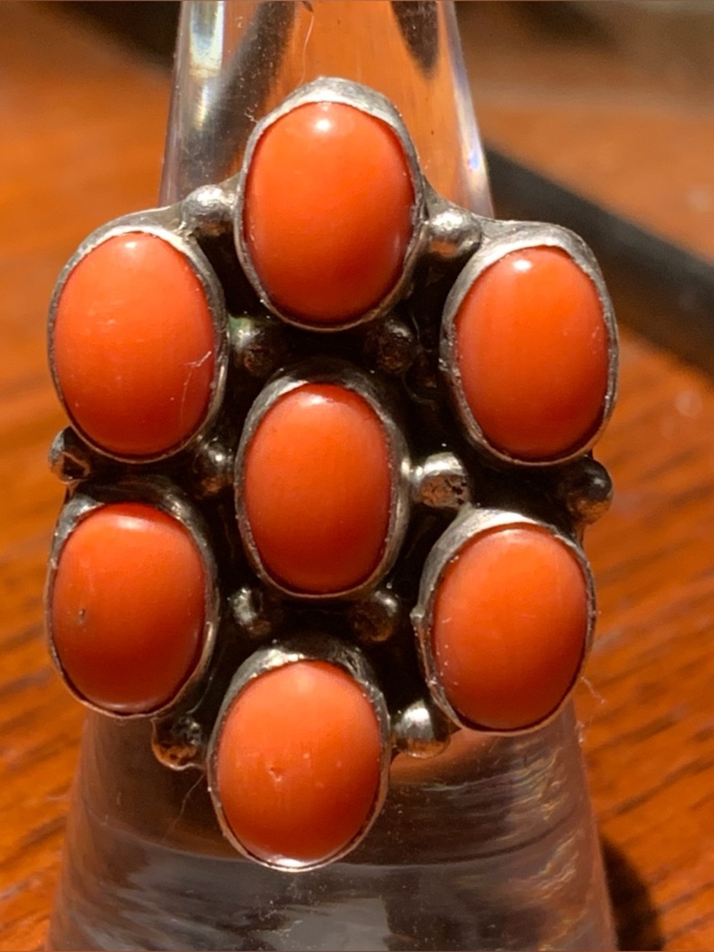 Vintage Native American Red Coral Cluster Ring 8.88 grams